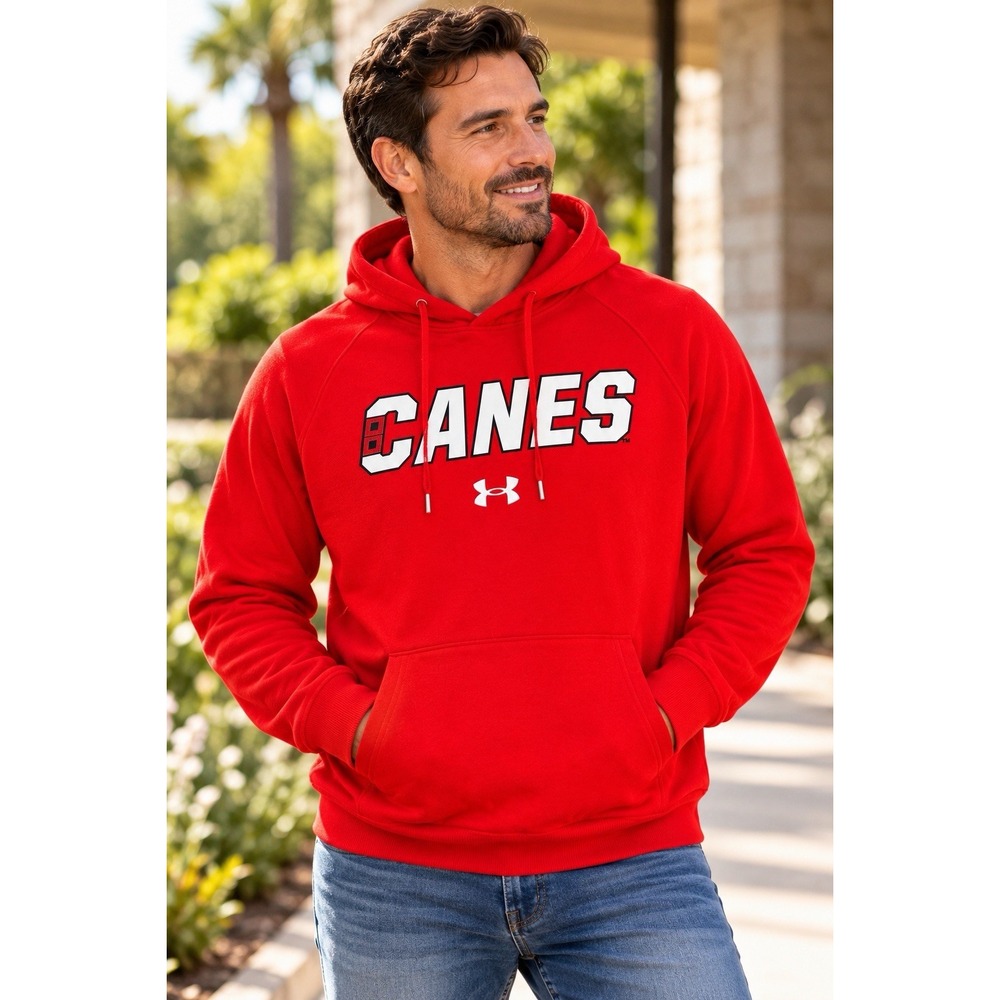 Under Armour CANES Mens Medium Red Hoodie Pullover Loose Fit NCAA College